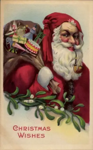 Ak Glückwunsch Weihnachten, Weihnachtsmann, Mistelzweige, Sack, Geschenke