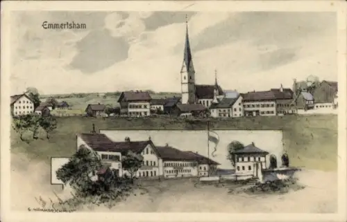 Künstler Ak Emertsham Tacherting Oberbayern, Teilansichten, Kirche