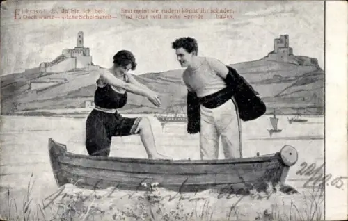 Ak Liebespaar im Ruderboot, See, Badekleidung