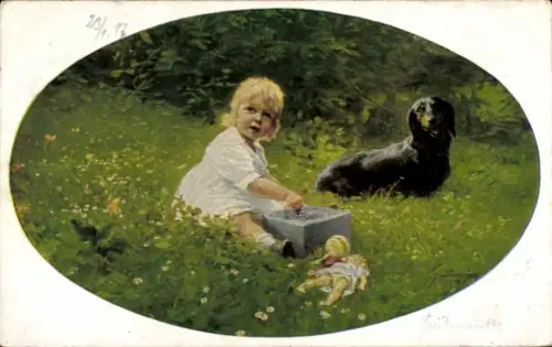 Künstler Ak Grotemeyer, Freikonzert, Mädchen mit Dackel