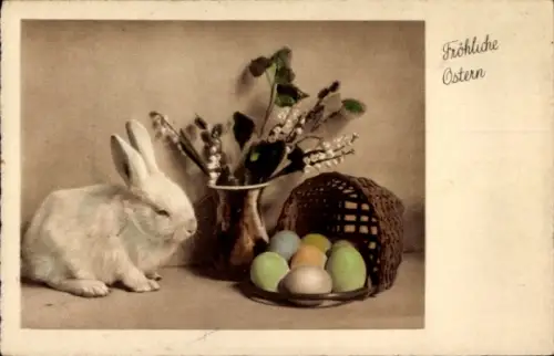 Ak Glückwunsch Ostern, Osterhase, Ostereier, Korb