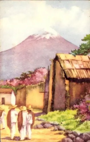 Ak Mexiko, Berggipfel, Männer in Tracht, Wohnhäuser