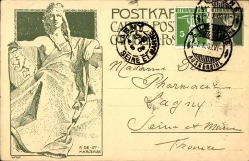 Ganzsachen Künstler Ak Schweiz, Herrscherin mit Wappen