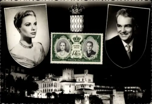 Ak Monaco, Fürst Rainier III., Grace Kelly, Stadt bei Nachtbeleuchtung, Wappen