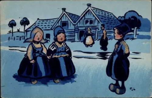 Künstler Ak Kinder in Niederländischen Trachten, Dorfidyll