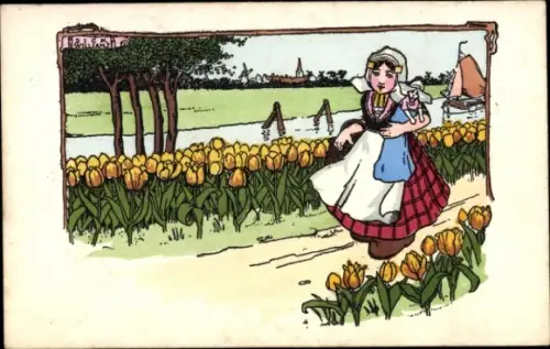 Künstler Ak Williams, Dick, Mädchen mit Puppe in niederländischer Tracht, Tulpen