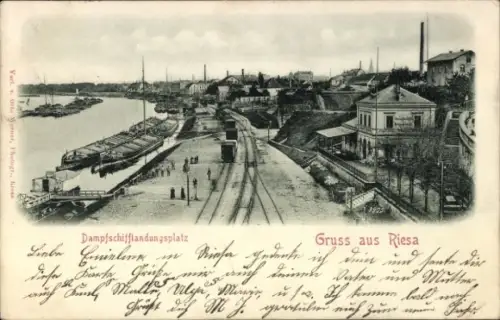 Ak Riesa an der Elbe Sachsen, Dampfschifflandungsplatz,  Schiffe, Gleise, 