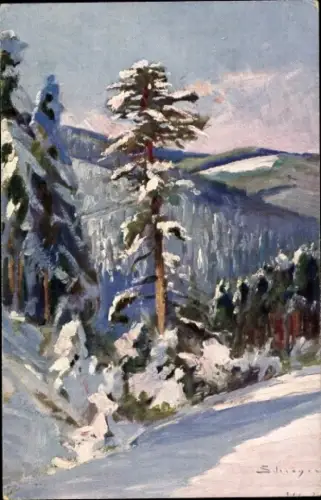 Ak Oberhof im Thüringer Wald, Schneebedeckte Landschaft, hoher Baum, Berge im Hintergrund, Winter