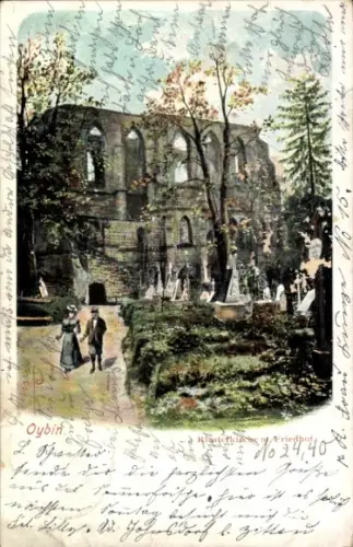 Ak Oybin in der Oberlausitz, Ruine, Friedhof, zwei Personen, Bäume, 