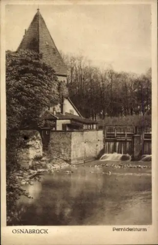 Ak Osnabrück in Niedersachsen, Pernickelturm,  Wasserfall, Fluss, Bäume