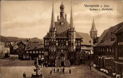 Ak Wernigerode im Harz, Wernigerode a. Harz, Rathaus, Marktplatz,  