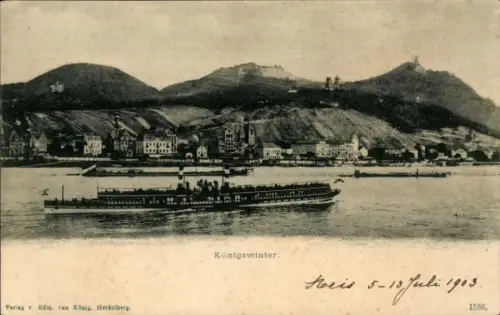 Ak Königswinter am Rhein, Schiff auf dem Wasser,  Berge im Hintergrund,  von 1903