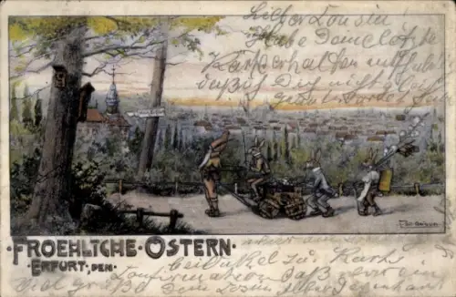Künstler Ak Erfurt, Glückwunsch Ostern, Osterhasen