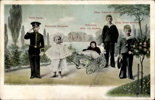 Ak Prinzen Georg, Friedrich Christian, Ernst Heinrich, Prinzessinnen Margarete, Alice von Sachsen