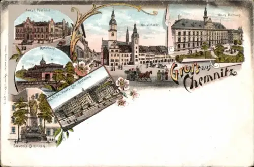 Litho Chemnitz in Sachsen, Markthalle, Saxonia Brunnen, Post, Rathaus, Hauptmarkt