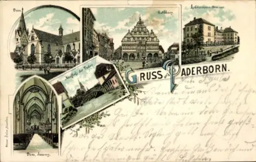 Litho Paderborn in Westfalen, Dom, Rathaus, Lehrerinnen-Seminar, Pader