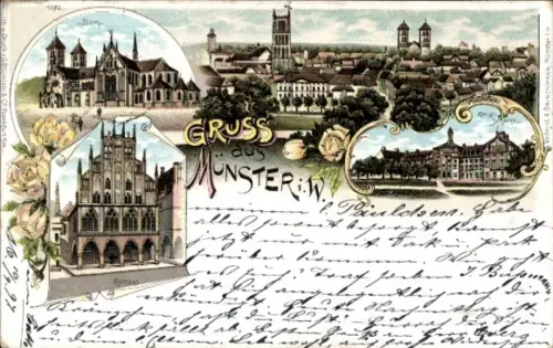 Litho Münster in Westfalen, Dom, Rathaus, königliches Schloss