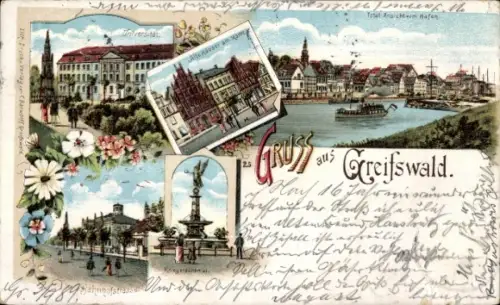 Litho Hansestadt Greifswald, Universität, Hafen, Markt, Kriegerdenkmal, Bahnhofstraße