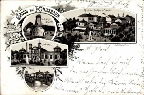 Litho Königsborn Unna im Ruhrgebiet, Friedrichsbrunnen, Kurgarten, Kurhaus, Theater, Teich, Badehaus