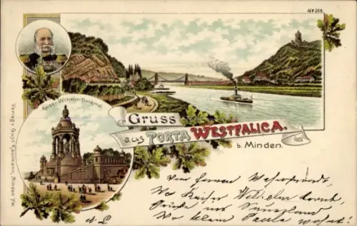 Litho Porta Westfalica in Nordrhein Westfalen, Kaiser Wilhelm I Denkmal und Portrait, Salondampfer