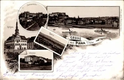 Litho Pirna in Sachsen, Sonnenstein, Seminar, Kaserne, Rathaus, Panorama, Dampfer
