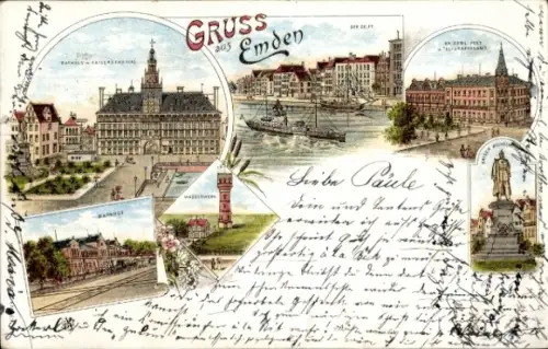 Litho Emden in Ostfriesland, Rathaus, Post, Bahnhof, Wasserturm, Kaiser Wilhelm Denkmal