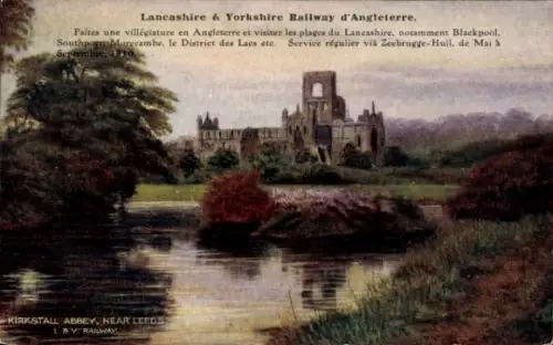 Ak Leeds Yorkshire England, Kirkstall Abbey, Kirkstall Abbey, Landschaft, Wasser, Eisenbahn, 1910