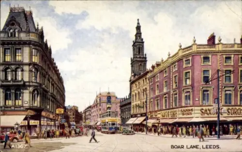 Ak Leeds Yorkshire England, Boar Lane,  Straßenansicht,  Gebäude, Werbung, Menschenmenge