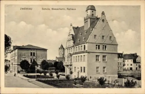 Ak Zwenkau in Sachsen, Schule, Wasserturm, Rathaus
