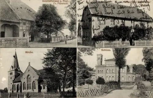 Ak Braunschweig, Löbbeckes Insel, Schloss, Kirche, Geschäftshaus und Post Fr. Münstedt