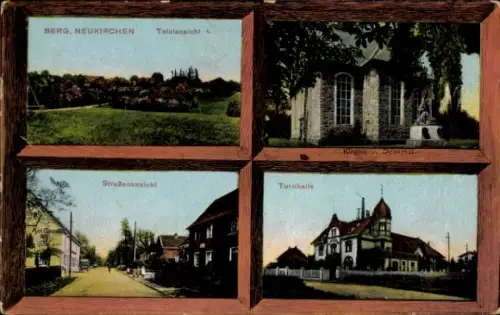 Ak Bergisch Neukirchen Leverkusen im Rheinland, Kirche, Denkmal, Turnhalle, Straßenpartie, Totale