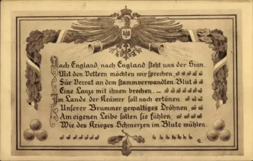 Ak Nach England, nach England steht uns der Sinn, Patriotik 1. WK