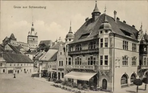 Ak Sighișoara Schäßburg Segesvár Siebenbürgen Rumänien, Platz, Geschäfte