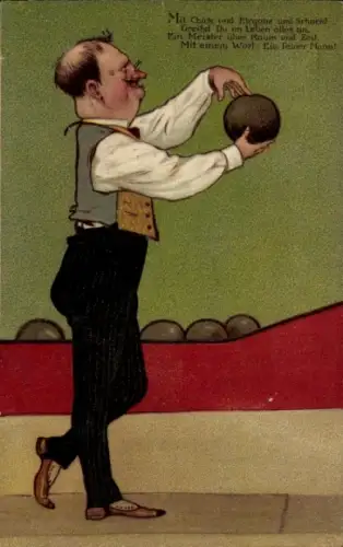 Präge Ak Mann beim Kegeln, Sport Kegelkugel
