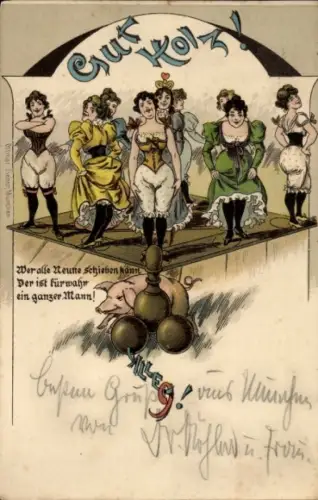 Litho Tanzende Frauen, Schwein, Gut Holz