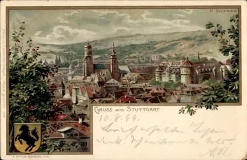 Künstler Litho Schnorr, P., Stuttgart in Württemberg, Gesamtansicht, Wappen