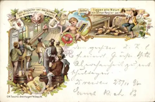 Litho Männer beim Kegeln, Dein Begleiter sei das Schwein...