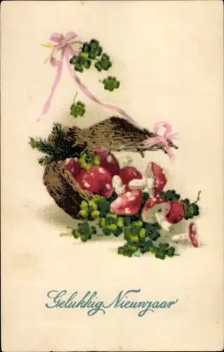 Ak Neujahr, Fliegenpilze, Kleeblätter