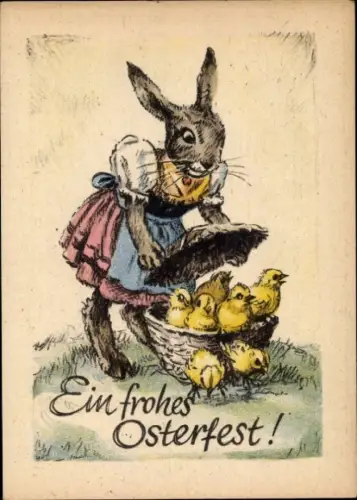 Ak Ostern, Osterhäsin, Korb mit Küken