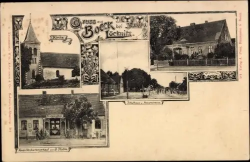 Ak Boeck Boock Löcknitz Vorpommern, Kirche, Pfarrhaus, Schulhaus, Hauptstraße, Ansichtskartenverkauf