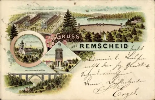 Litho Remscheid im Bergischen Land, Ausstellungsgebäude, Talsperre, Schloss, Wasserturm, Brücke