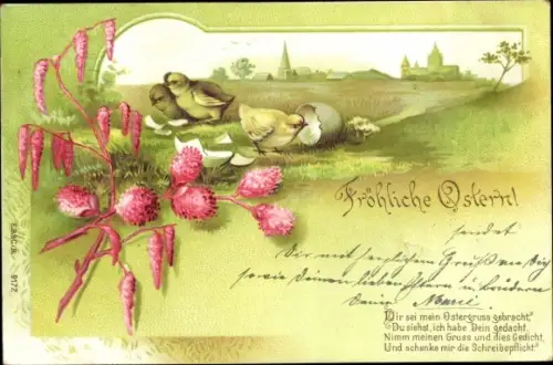 Litho Glückwunsch Ostern, Eierschalen, Küken, Zweige, Landschaft