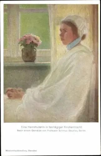 Künstler Ak Schmuz Baudiss, Herrnhuterin, Kirchentracht