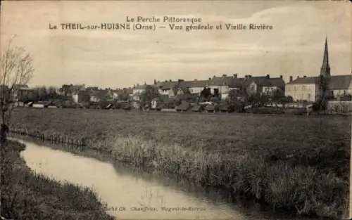Ak Theil sur Huisne Orne, Panorama und Fluß