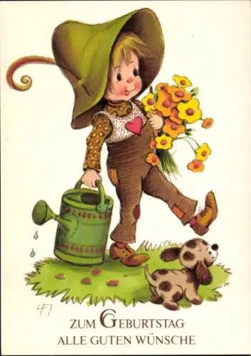 Ak Glückwunsch Geburtstag, Blumen, Kind mit Gießkanne