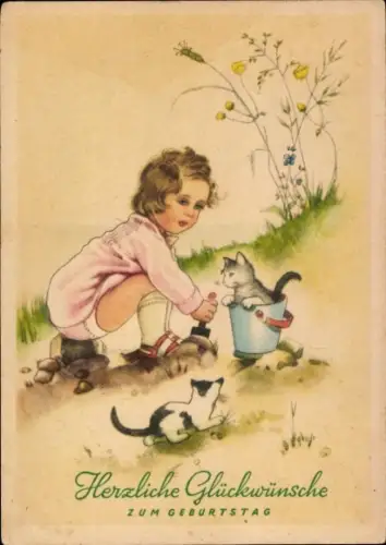 Ak Glückwunsch Geburtstag, Mädchen, Katzen