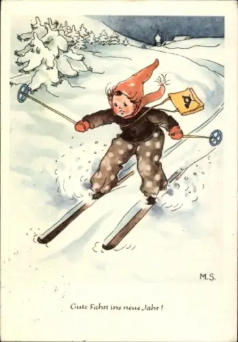 Künstler Ak Savelsberg, Margret, Glückwunsch Neujahr, Kind auf Skiern