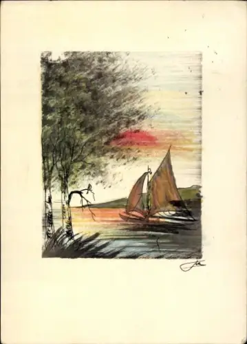 Handgemalt Künstler Ak Segelboot, Sonnenuntergang