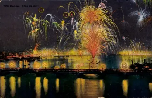 Ak Genf Stadt Schweiz, Feuerwerk über dem Wasser, nächtliche Feier, Stadtansicht, bunte Lichter