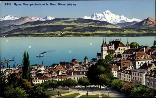 Ak Nyon Kanton Waadt, Blick auf  Mont Blanc, See, Berge, Stadtansicht